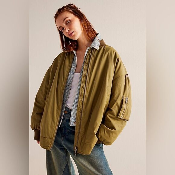 New We The Free Green Becca Bomber Jacket Quilted Lining Oversized Khaki Coat XS - Picture 1 of 10
